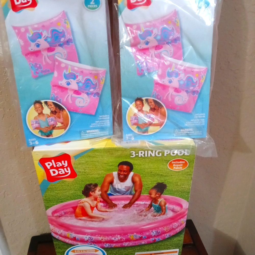 BUNDLE Play Day 3-Ring Pool & (2)Armbands Pink Unicorn NEW SEALED